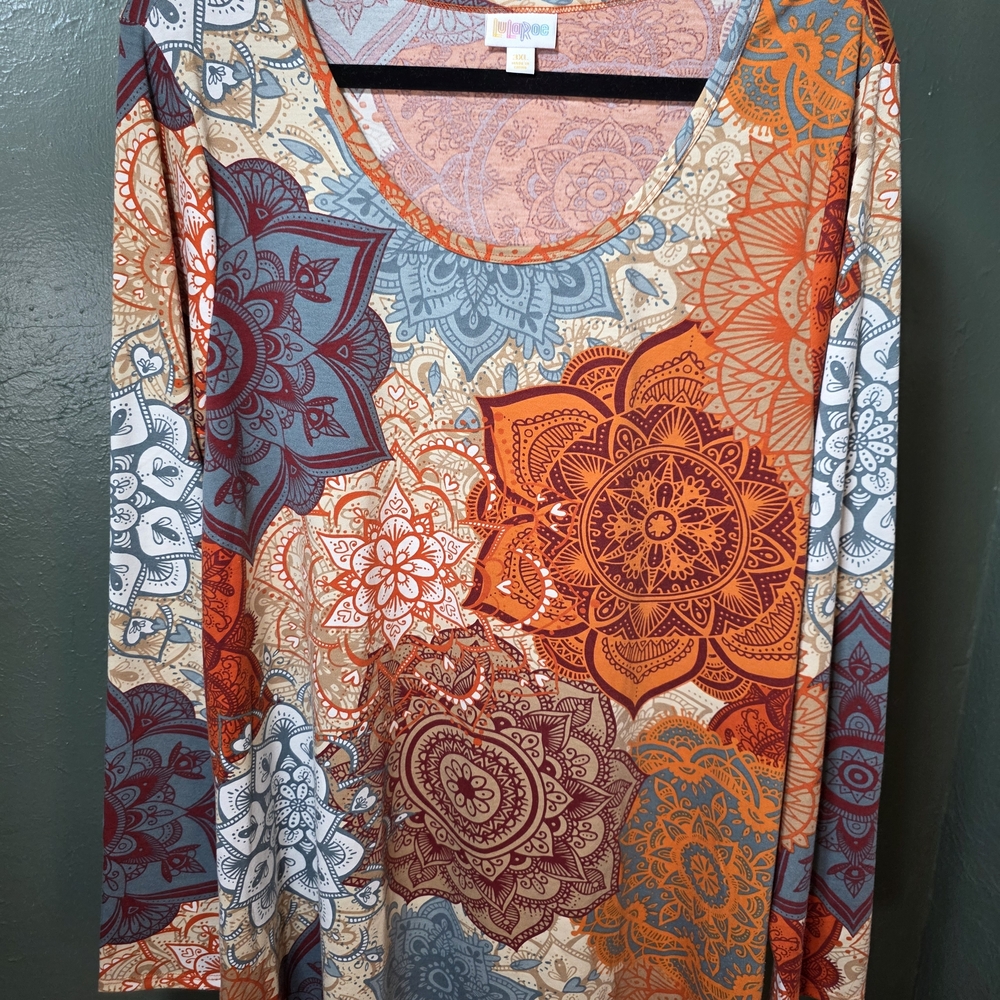 LuLaRoe Lynnae Long Sleeve Scoop Neck Top - Orange, Gray, Cream